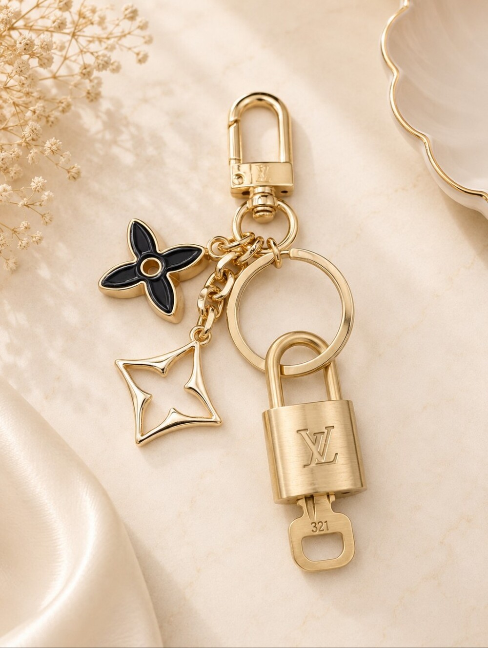 Louis Vuitton Authentic Gold Padlock 🔑 Key + Stylish Unbranded Flower Bag Charm